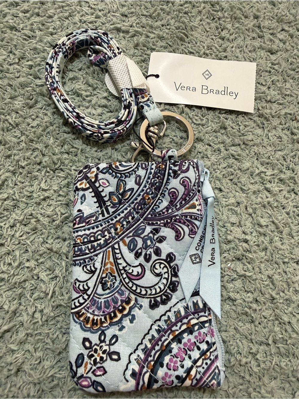Vera Bradley Factory Style Ultra Light  Zip ID Lanyard - Soft Sky Paisley